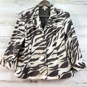 Dressbarn Womens Zebra Print Blazer Brown Cream 3/4 Sleeve Lined Jacket Size L